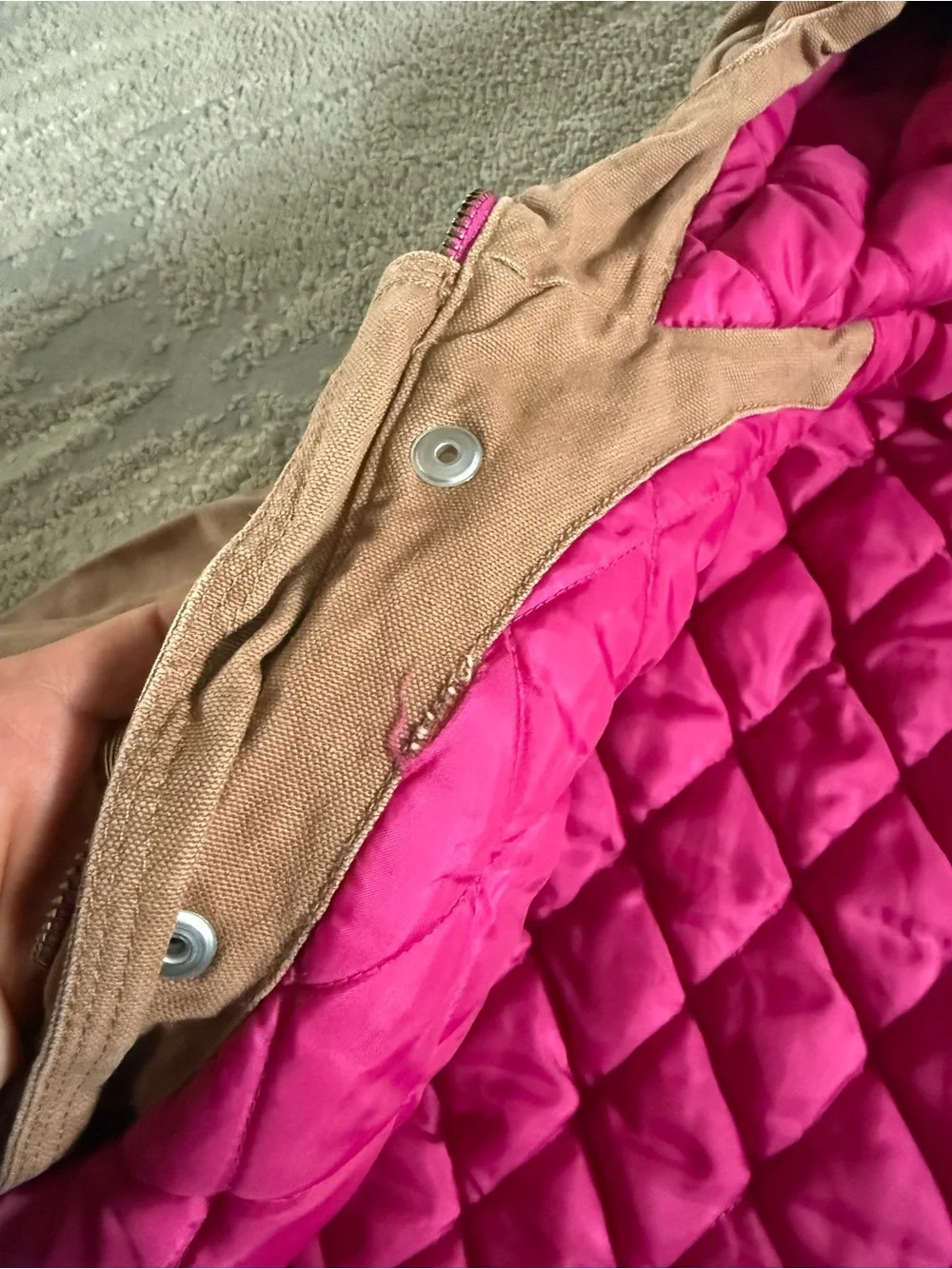 Carhartt Jacket tan Khaki insulated pink lining zipper and button snap XS